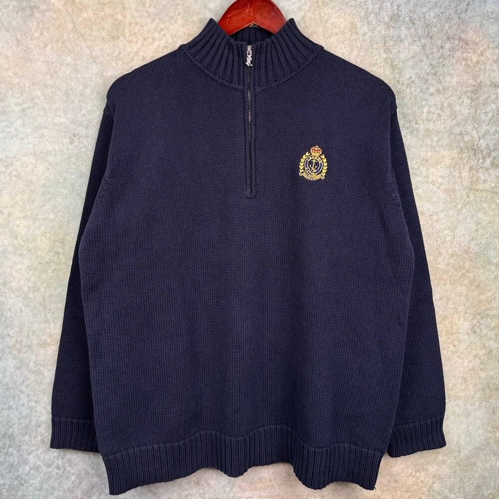 VTG 90s Ralph Lauren Cookie Crest Sweater Sz M Q ZIp Navy Blue Womans
